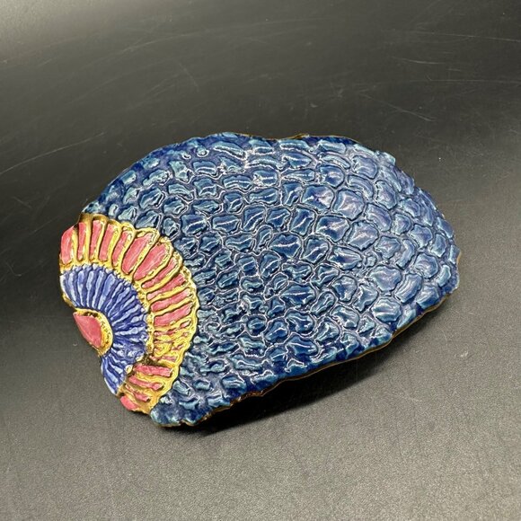 Vintage Hair Barrette Clip 1990s Diane Wilson Art Pottery Blue Feathers Scales - Picture 1 of 8